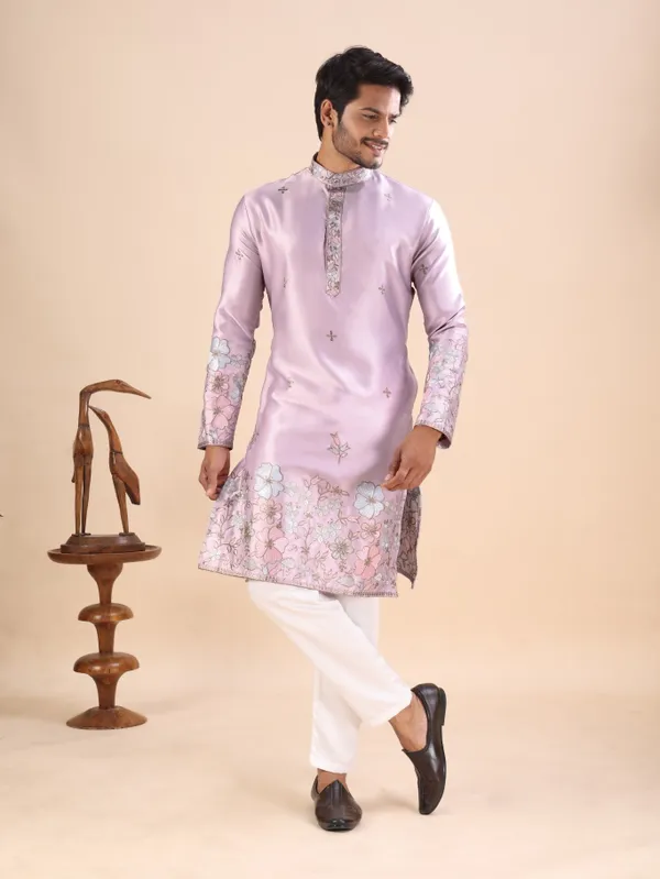 Onion_Pink_Satin_Daman_Floral_Kurta_For_Men