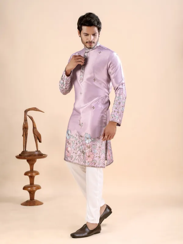 Onion_Pink_Satin_Daman_Floral_Kurta_For_Men
