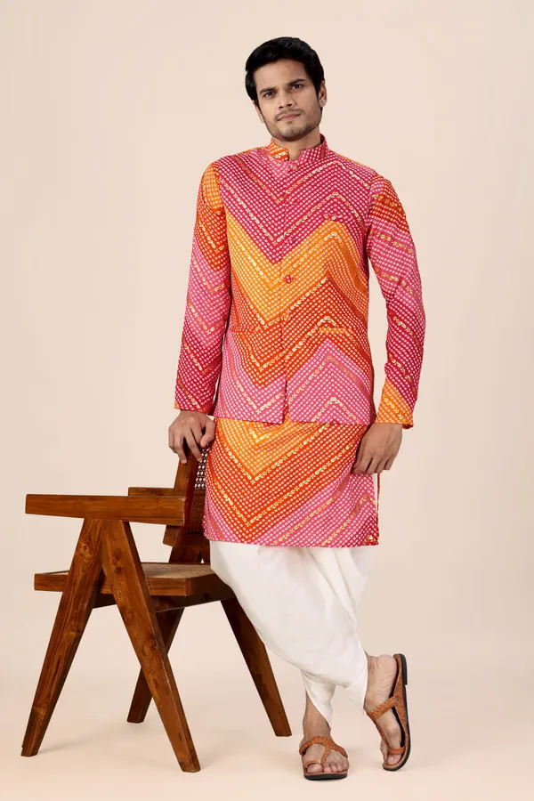 Multicolor_Bandhani_Dhoti_Kurta_Koti_3_Piece_Set_For_Men