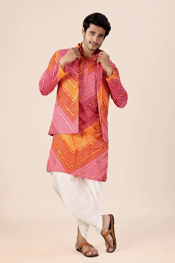 Multicolor_Bandhani_Dhoti_Kurta_Koti_3_Piece_Set_For_Men