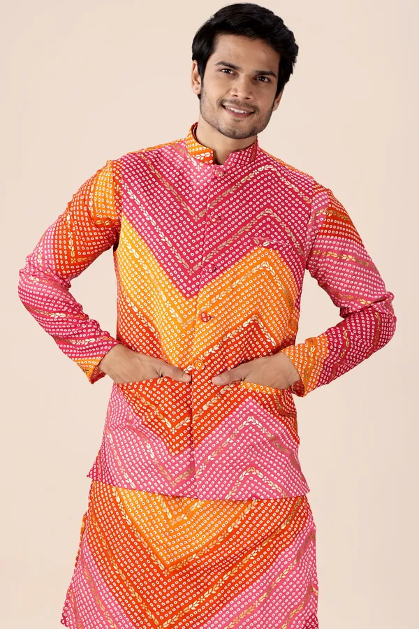 Multicolor_Bandhani_Dhoti_Kurta_Koti_3_Piece_Set_For_Men