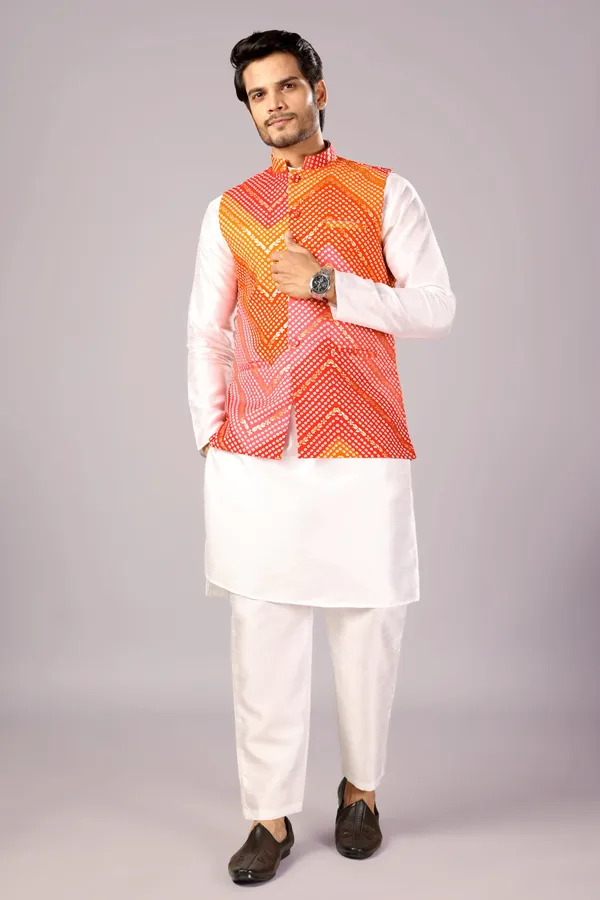 Orange_&_Pink_Bandhani_Kurta_Koti_Set_For_Men