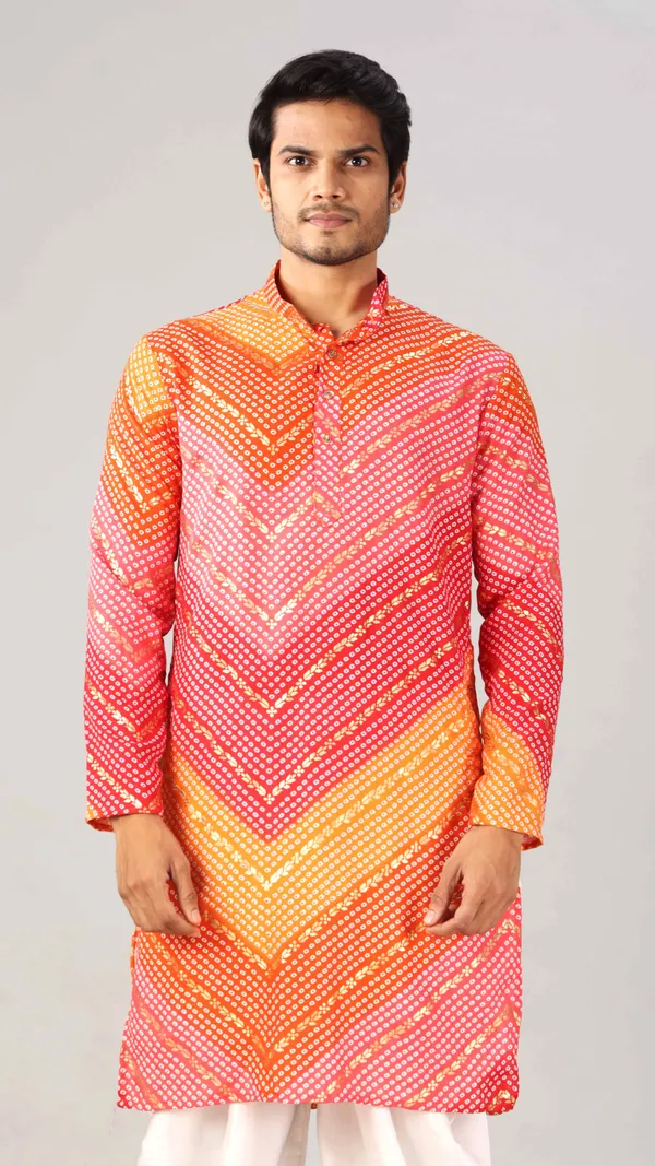 Orange_&_Pink_Bandhani_Printed_Kurta_For_Men