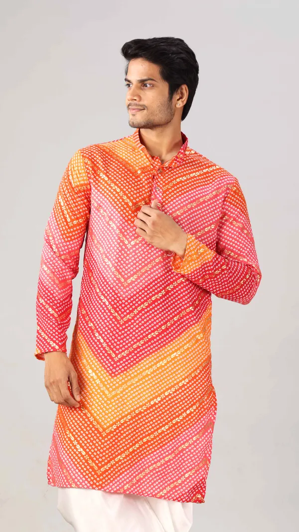 Orange_&_Pink_Bandhani_Printed_Kurta_For_Men