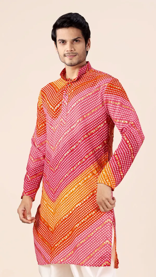 Orange_&_Pink_Bandhani_Printed_Kurta_For_Men