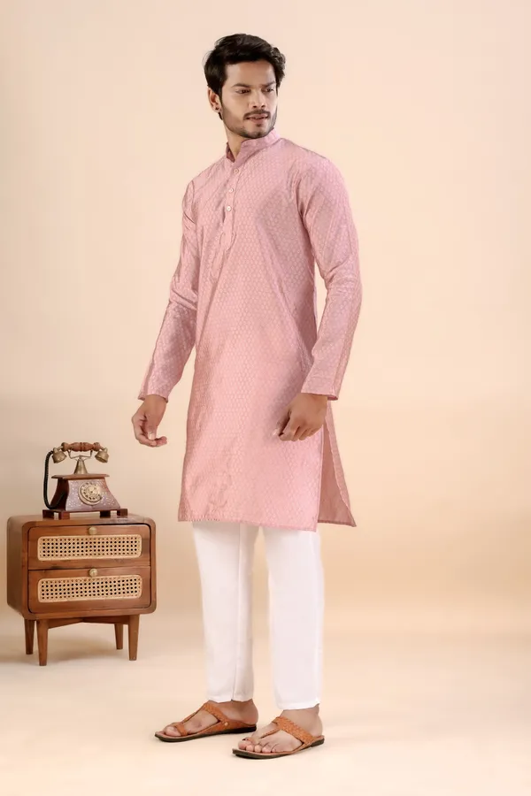 Pink_Jhimi_Silk_Kurta_For_Men