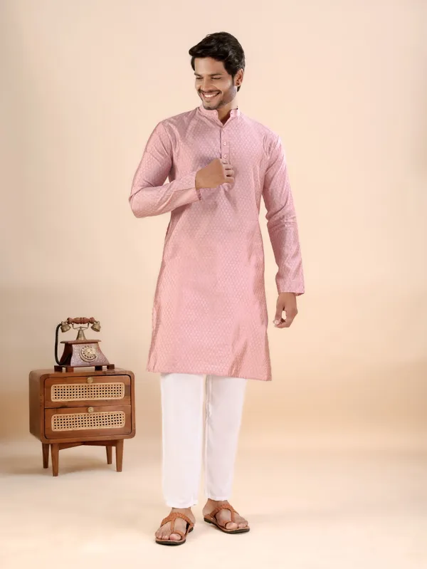 Pink_Jhimi_Silk_Kurta_For_Men