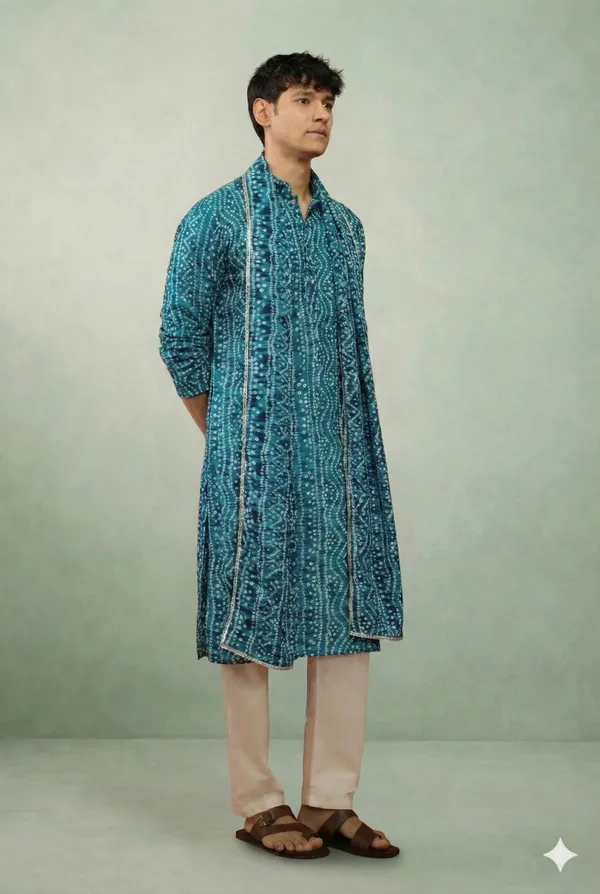 Petrol_Blue_Bandhani_Dupatta_Kurta_Set_For_Men