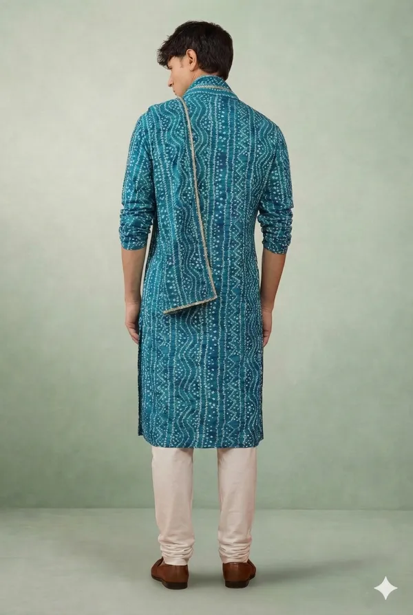 Petrol_Blue_Bandhani_Dupatta_Kurta_Set_For_Men