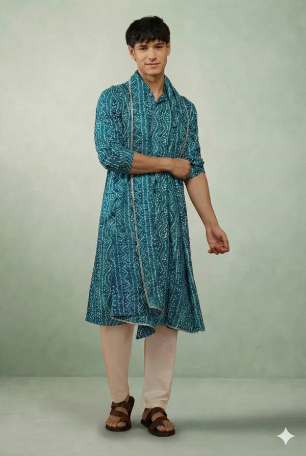 Petrol_Blue_Bandhani_Dupatta_Kurta_Set_For_Men