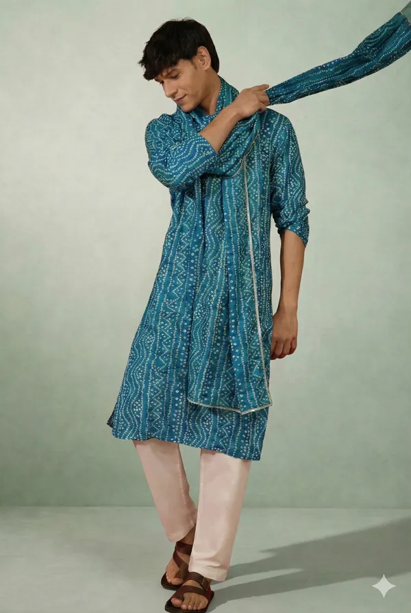 Petrol_Blue_Bandhani_Dupatta_Kurta_Set_For_Men
