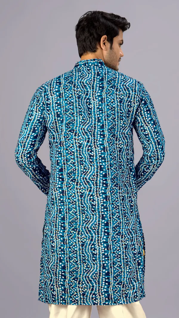 Petrol_Blue_Bandhani_Printed_Kurta_For_Men