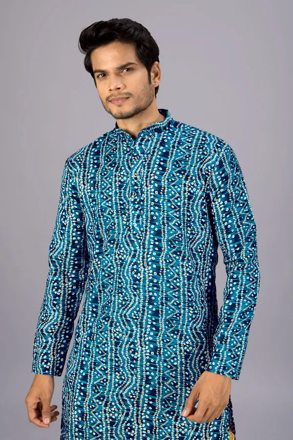 Petrol_Blue_Bandhani_Printed_Kurta_For_Men