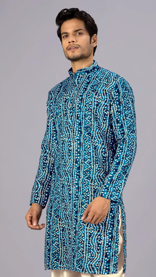 Petrol_Blue_Bandhani_Printed_Kurta_For_Men