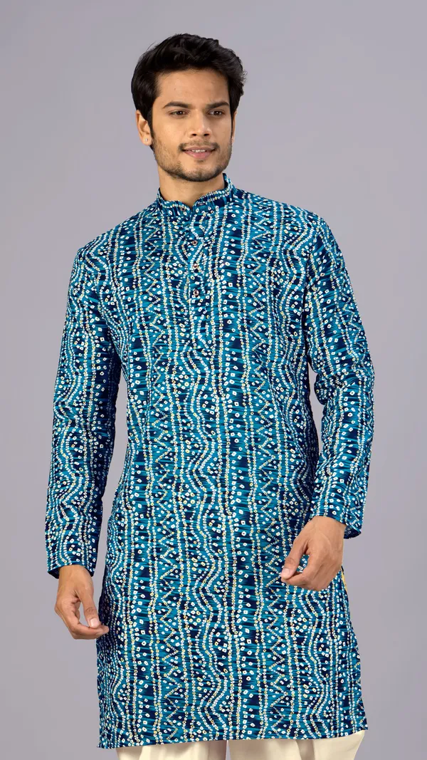 Petrol_Blue_Bandhani_Printed_Kurta_For_Men
