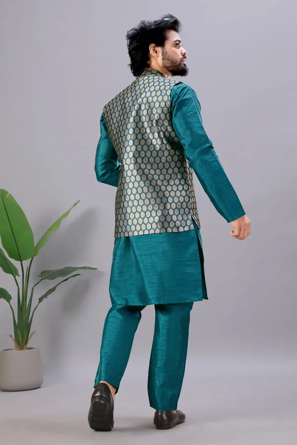 Petrol_Blue_Jacquard_Kurta_Koti_Set_For_Men