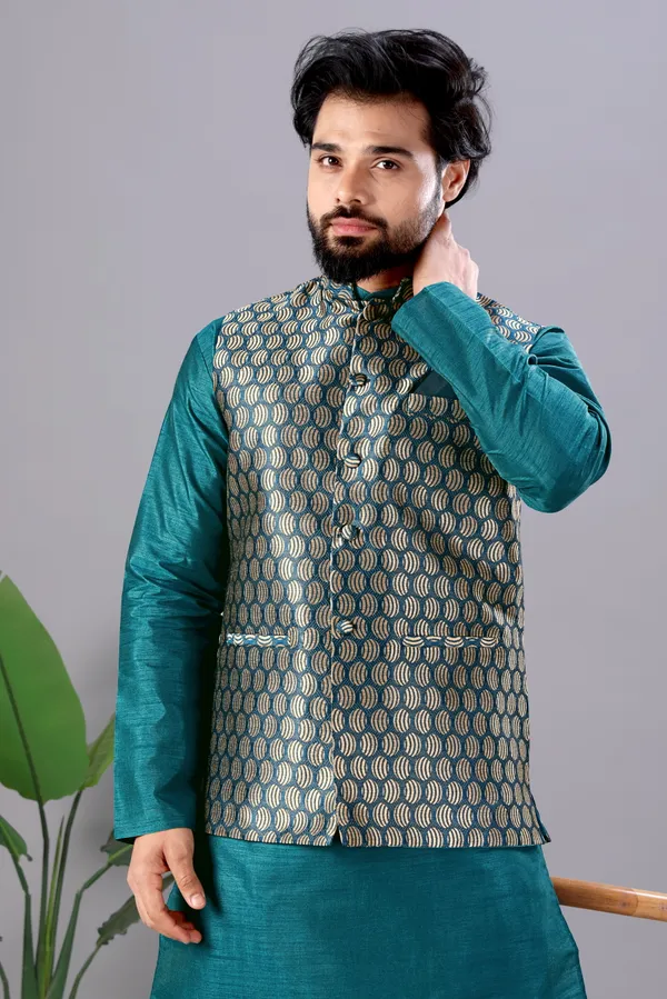Petrol_Blue_Jacquard_Kurta_Koti_Set_For_Men
