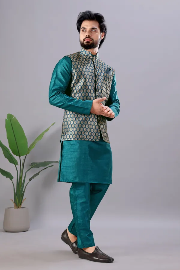 Petrol_Blue_Jacquard_Kurta_Koti_Set_For_Men