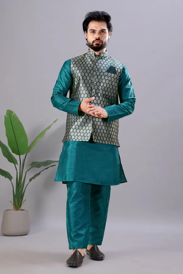 Petrol_Blue_Jacquard_Kurta_Koti_Set_For_Men