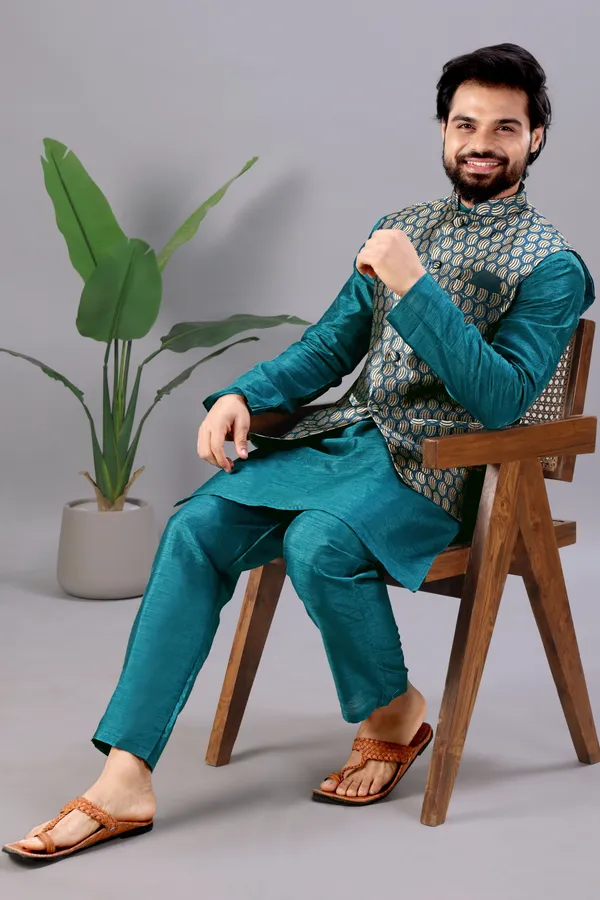 Petrol_Blue_Jacquard_Kurta_Koti_Set_For_Men