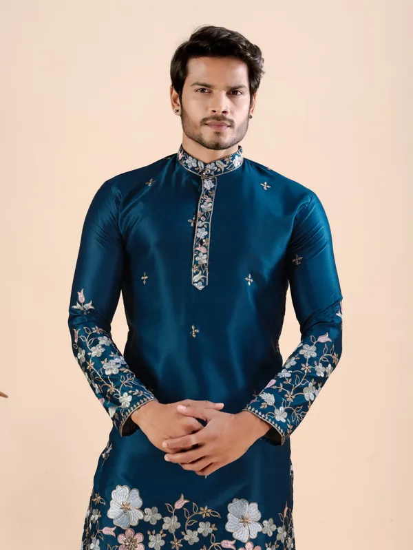 Petrol_Blue_Satin_Daman_Floral_Kurta_For_Men