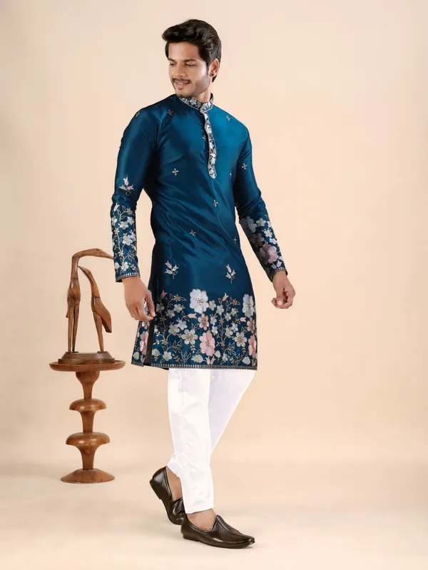 Petrol_Blue_Satin_Daman_Floral_Kurta_For_Men
