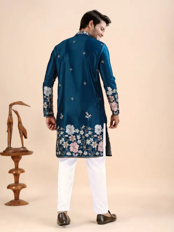 Petrol_Blue_Satin_Daman_Floral_Kurta_For_Men