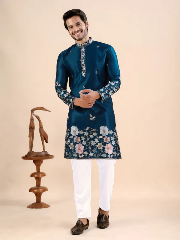 Petrol_Blue_Satin_Daman_Floral_Kurta_For_Men