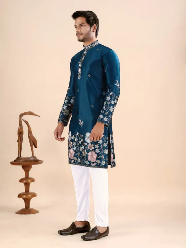 Petrol_Blue_Satin_Daman_Floral_Kurta_For_Men