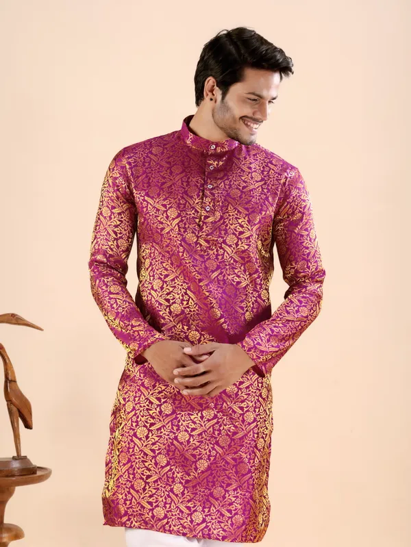 Pink_Floral_Banarasi_Silk_Kurta_For_Men