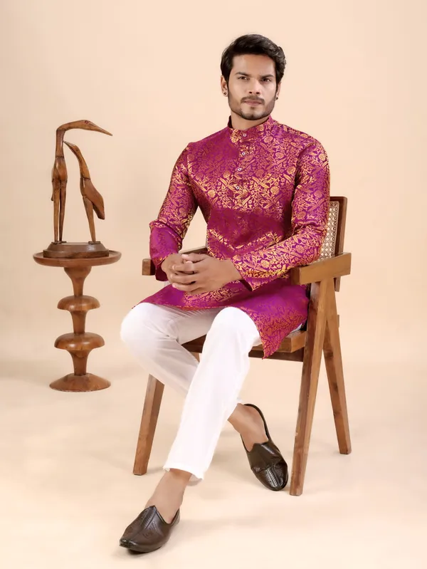 Pink_Floral_Banarasi_Silk_Kurta_For_Men
