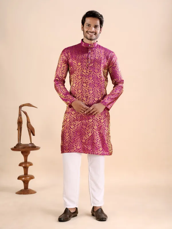 Pink_Floral_Banarasi_Silk_Kurta_For_Men