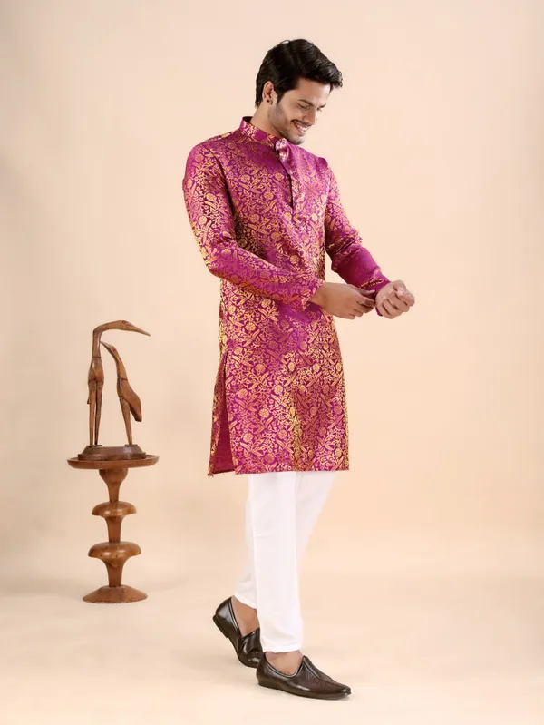 Pink_Floral_Banarasi_Silk_Kurta_For_Men