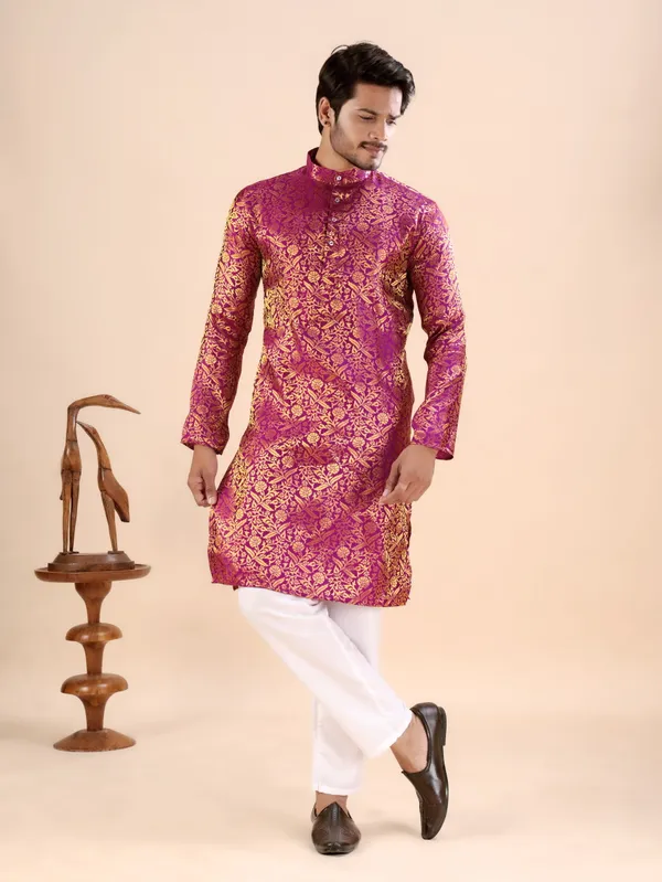 Pink_Floral_Banarasi_Silk_Kurta_For_Men