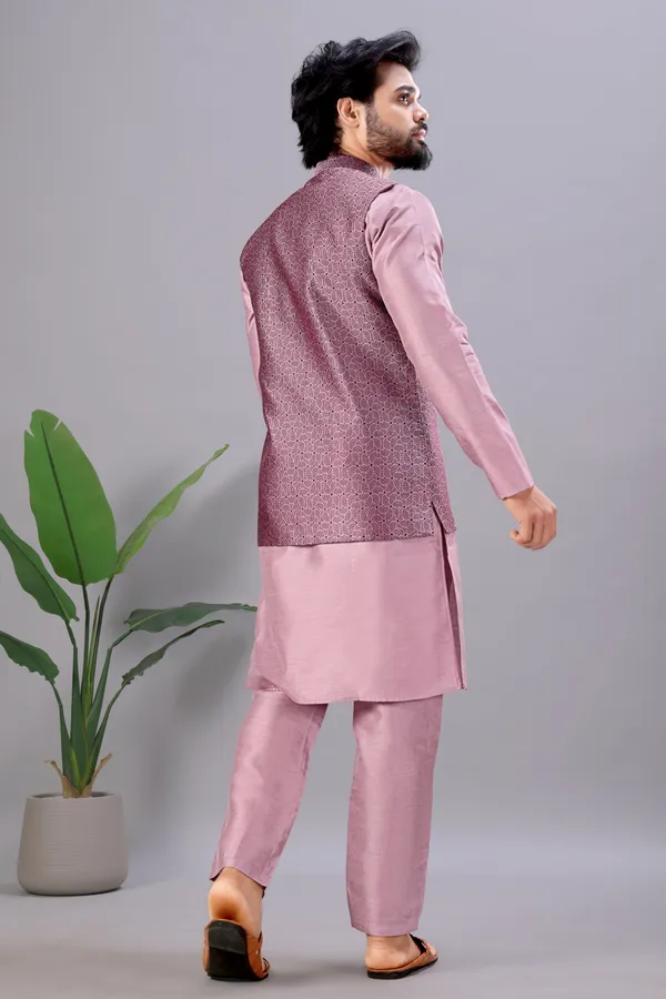Light_Pink_Jacquard_Kurta_Koti_Set_For_Men