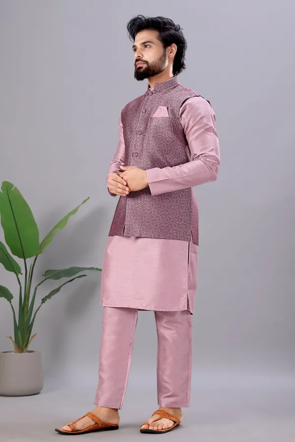 Light_Pink_Jacquard_Kurta_Koti_Set_For_Men