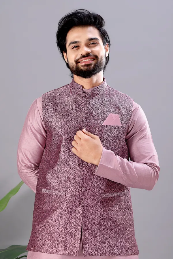 Light_Pink_Jacquard_Kurta_Koti_Set_For_Men