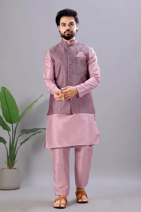 Light_Pink_Jacquard_Kurta_Koti_Set_For_Men