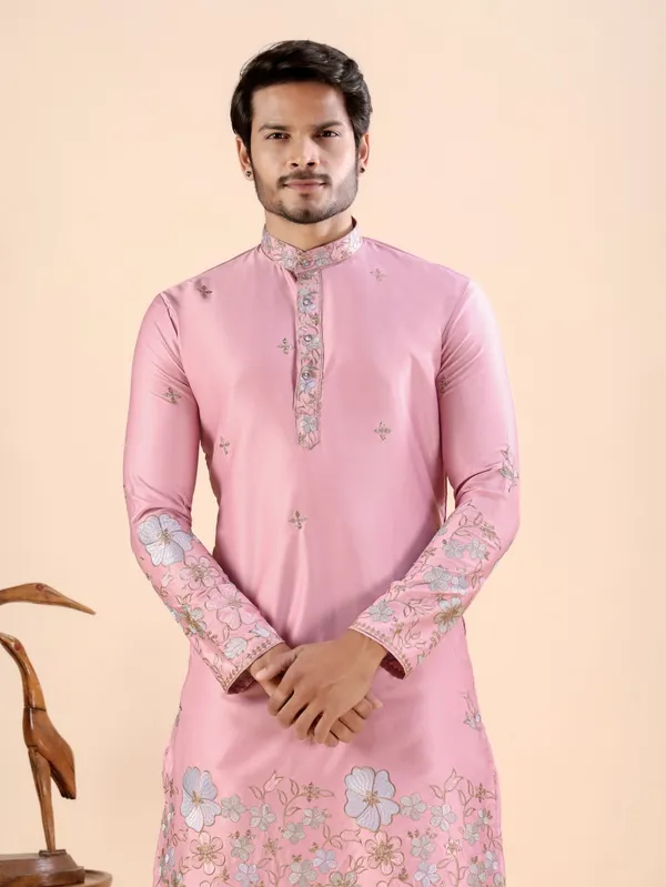 Pink_Satin_Daman_Floral_Kurta_For_Men