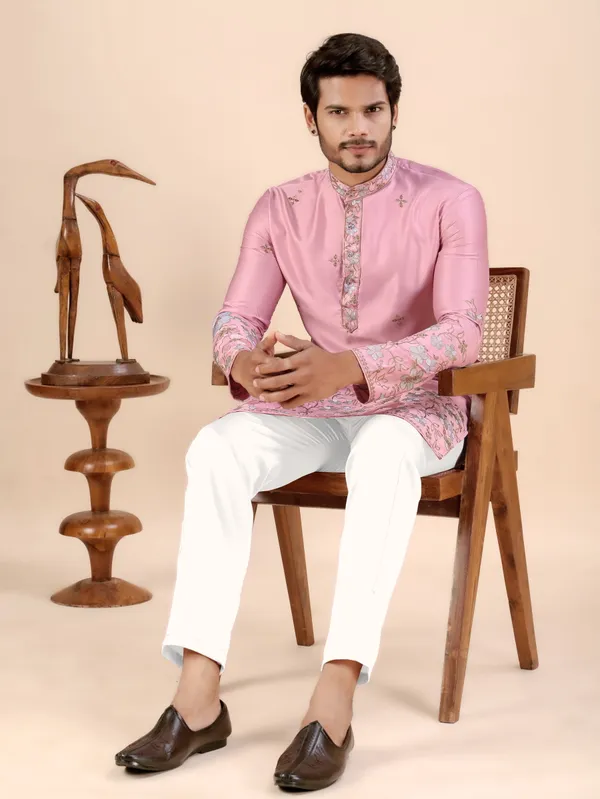 Pink_Satin_Daman_Floral_Kurta_For_Men