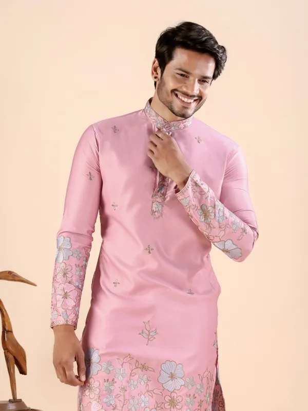Pink_Satin_Daman_Floral_Kurta_For_Men