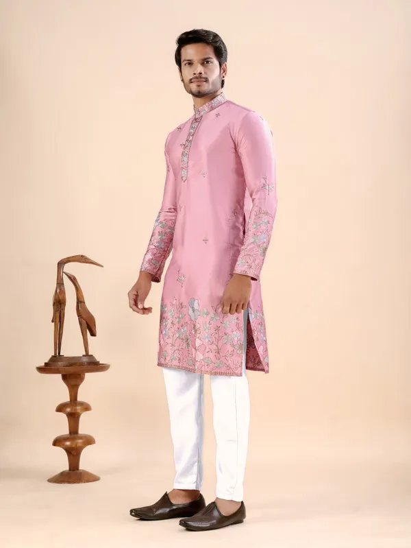 Pink_Satin_Daman_Floral_Kurta_For_Men