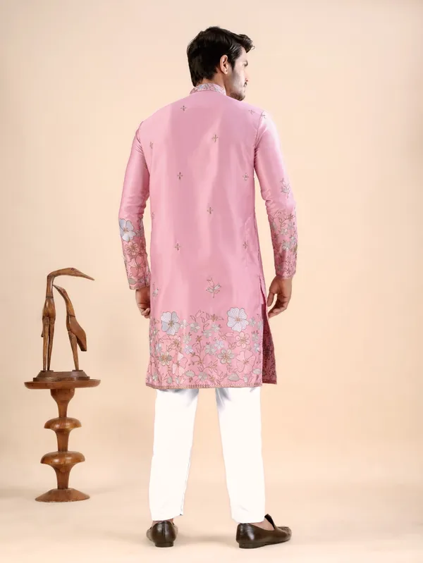 Pink_Satin_Daman_Floral_Kurta_For_Men