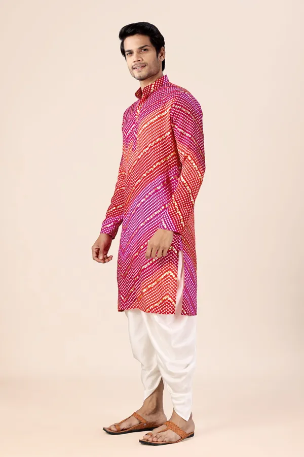 Pink_&_Red_Bandhani_Dhoti_Kurta_Koti_3_Piece_Set_For_Men