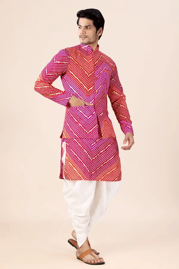 Pink_&_Red_Bandhani_Dhoti_Kurta_Koti_3_Piece_Set_For_Men