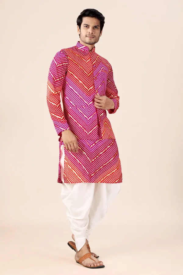 Pink_&_Red_Bandhani_Dhoti_Kurta_Koti_3_Piece_Set_For_Men