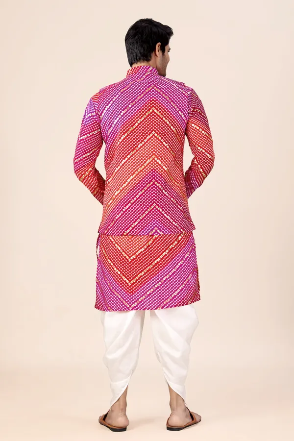 Pink_&_Red_Bandhani_Dhoti_Kurta_Koti_3_Piece_Set_For_Men