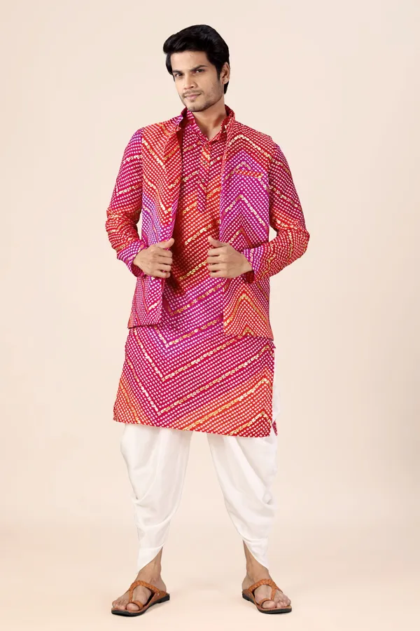 Pink_&_Red_Bandhani_Dhoti_Kurta_Koti_3_Piece_Set_For_Men