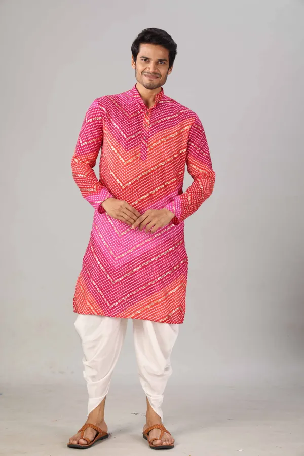 Pink_&_Red_Bandhani_Printed_Kurta_For_Men