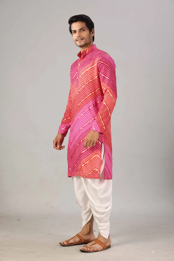Pink_&_Red_Bandhani_Printed_Kurta_For_Men